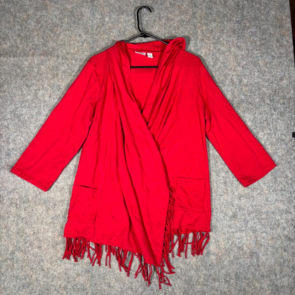 Zenergy by Chico's Cardigan Womens 2 Red Hooded Fringe Open Front Wrap 1A205950